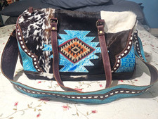 Myra Bag Western Geometric Cowhide Satchel Top Handle Zip Detachable Strap