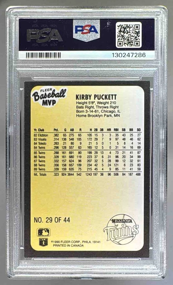 130247286 Kirby Puckett 1990 Fleer Baseball MVP #29 PSA 9 - Image 2 of 3