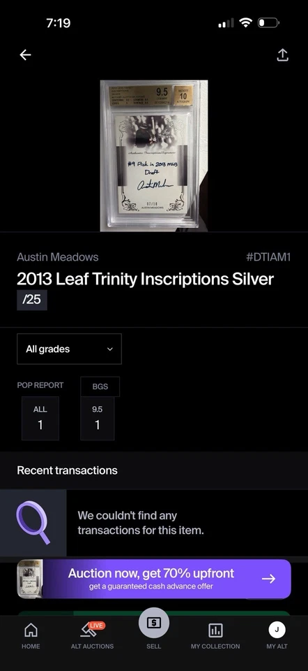 2013 Folha Trinity Inscrição Auto Prata/10 Austin Meadows Beckett 9.5! POP 1 - Imagem 3 de 3