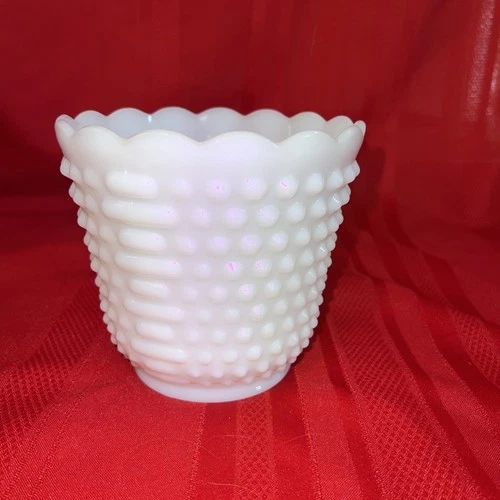 Vintage FIRE-KING Milk Glass HOBNAIL & BARS Vase PLANTER Scalloped Rim OVEN WARE