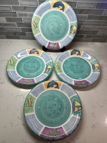 Bella Ceramica Tropical 10.5” Dinner Plates Dolphin/Palm Tree/Sailboat~Set of 4 - Afbeelding 2 van 11