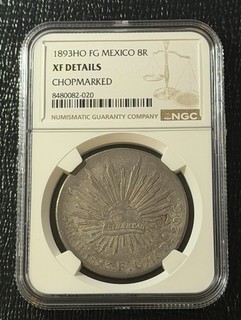 Mexico 1893HO 8 Reales Silver Coin: NGC XF Chopmarked