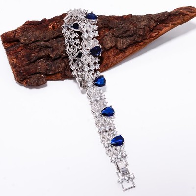 Blue Sapphire -Simulated, CZ 925 Sterling Silver Adjustable Bracelet 7-8'' B9913