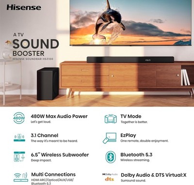 Hisense HS3100 3.1 Channel 480W Soundbar with Wireless 6.5