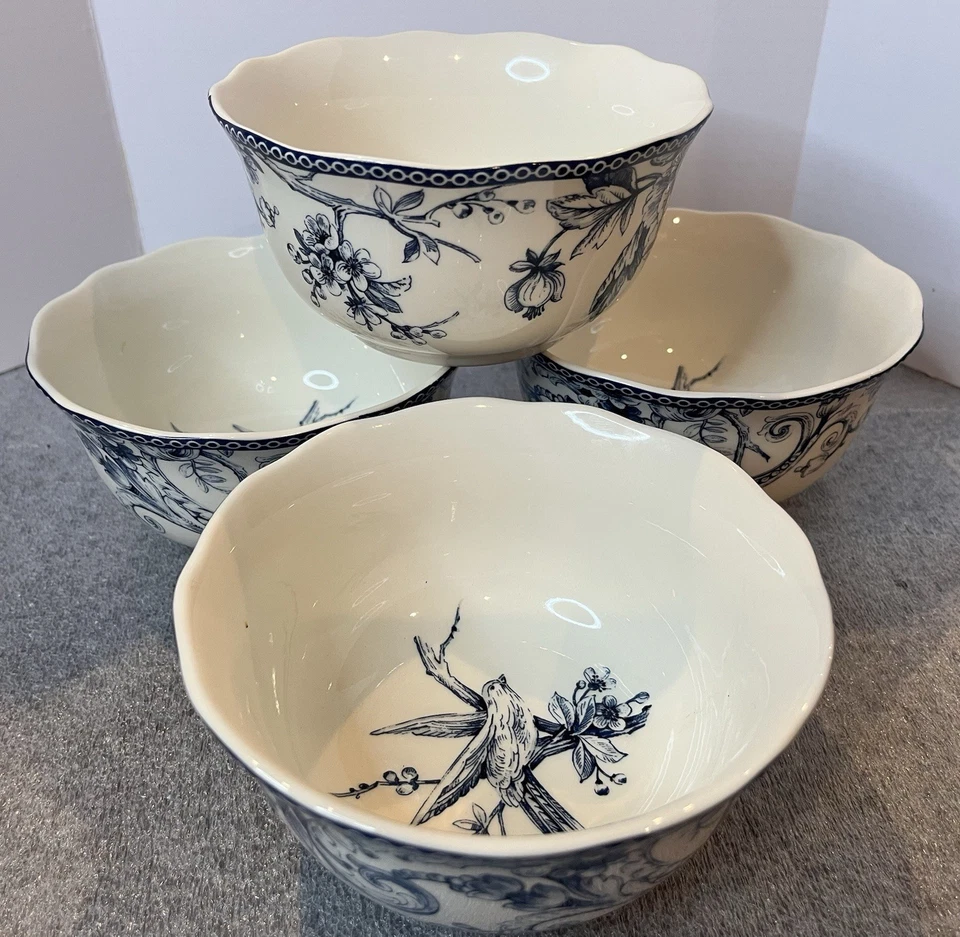Adelaide Azul Blanco Toile Birds Porcelana Cereal Sopa Cuencos 222 Quinto Juego de 4 Foto 3 de 4