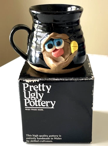 Pretty Ugly Pottery Art Silly Face Mug Ceramic Coffee Cup Welsh Made VTG 70's