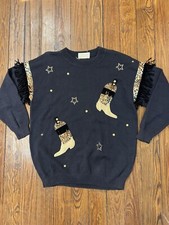 Vintage 90s Western Cowgirl Knit Sweater Cheetah Cowboy Boots Fringe Rodeo Texas