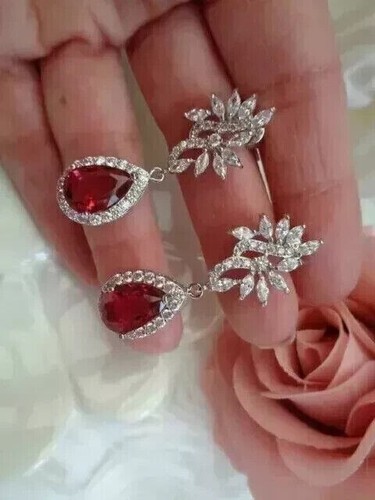 1.80Ct Lab Created Ruby Pear Cut Halo Drop/Dangle Earrings 14K White Gold Plated - Picture 4 of 10