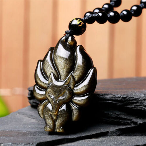 Natural Rainbow Eye Obsidian Nine-tailed Fox Pendant Necklace Sweater Chain - Picture 1 of 22