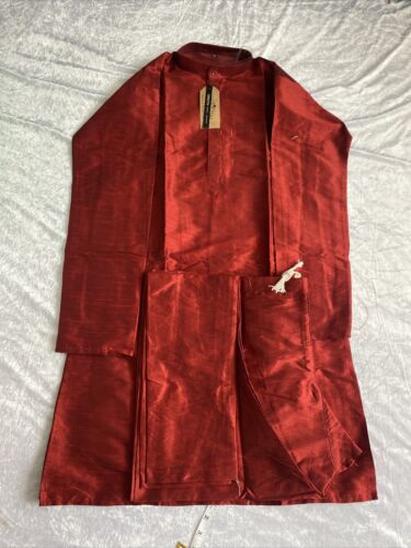 Crocon Men's Kurta Pajama Dupion Silk Indian Party Wear, Maroon, 50 Chest Size - Picture 2 of 9