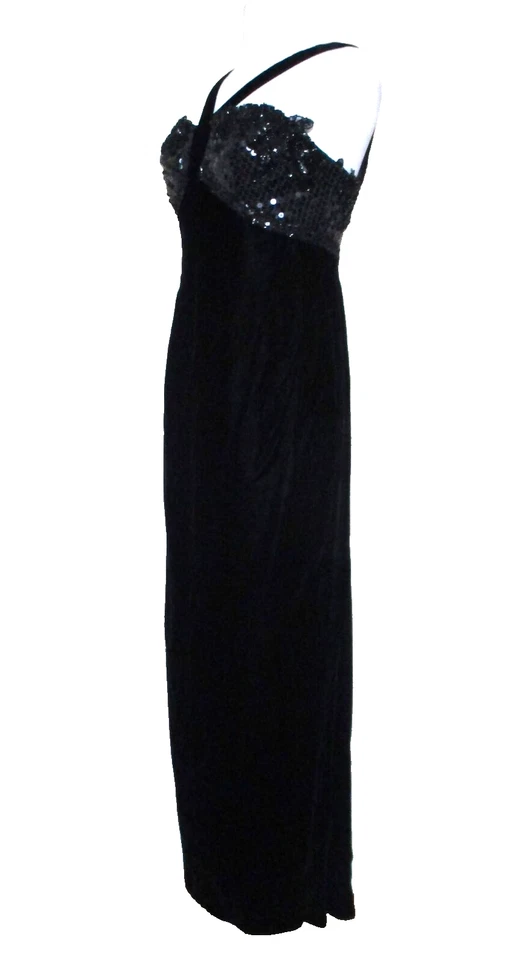 复古 Victor Costa 正装晚礼服 S 女式黑色天鹅绒串珠亮片 — 第 2/4 张图片