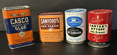 Vintage Lot Of 4 Tins- Carter s & Stanford s  Ink Eraser/Eradicator, Casco Glue