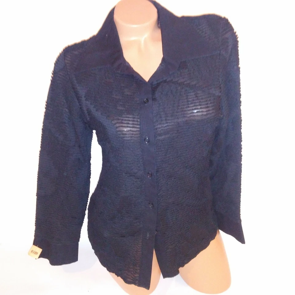 Claudia Richard 中号纽扣黑色长袖透明领衬衫 — 第 3/4 张图片