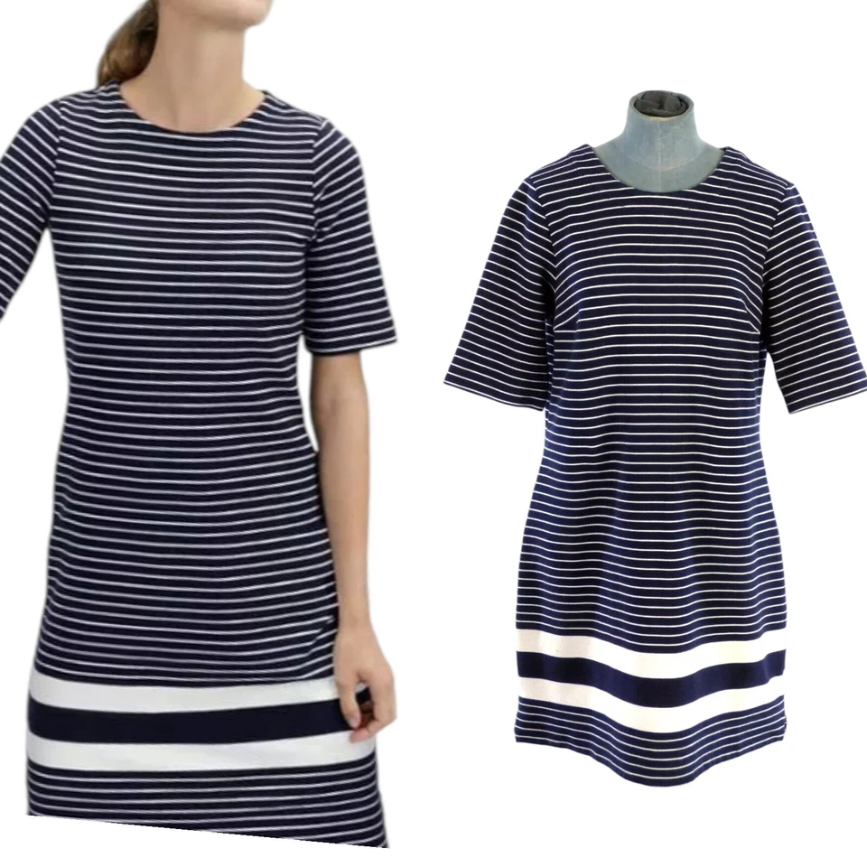 Joules Shift Dress Striped Navy White Round Neck Short Sleeve Back Zip UK 14