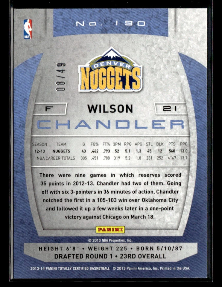 Wilson Chandler 2013-14 Panini Totally Certified #190 Blue /49 Denver Nuggets - Image 2 of 2