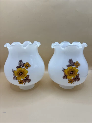 Pair Vintage Painted Milk Glass Hurricane /Oil Lamp Replacement Shades