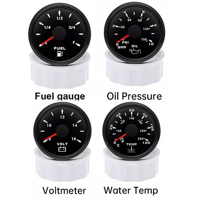 #ad 4 Gauge Set 52mm Black Fuel Level Water Temp Oil Pressure Voltmeter for Car Boat $64.07