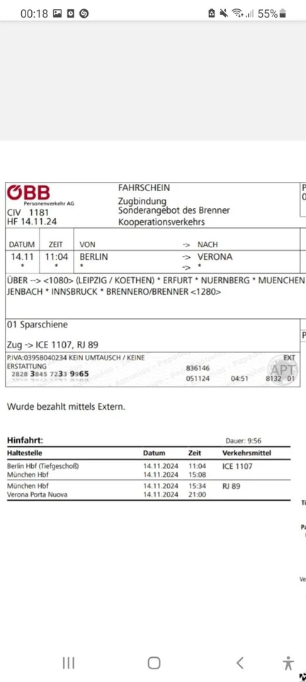 Train Ticket Berlin - Munich - Verona