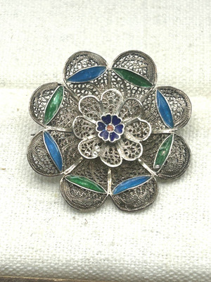 Antique 835 Silver Rocaille Flower Filigree Brooch.