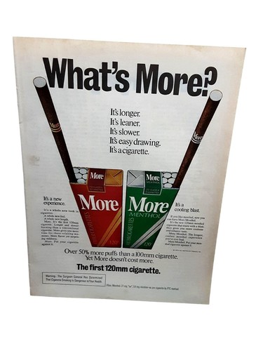 1975 More Cigarettes What’s More Ad 120mm Slim Vintage Tobacco Print