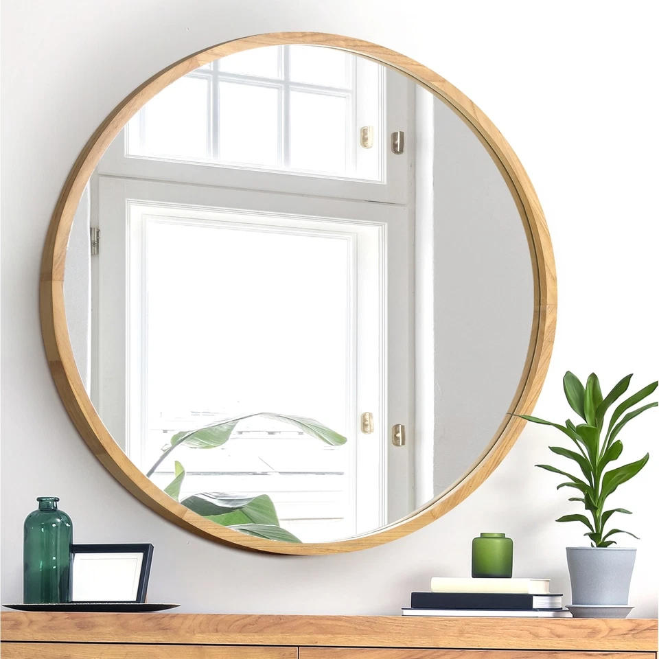 Oikiture Wooden Wall Round Mirrors Makeup Mirror Home Decor 50/60/70/80/90cm