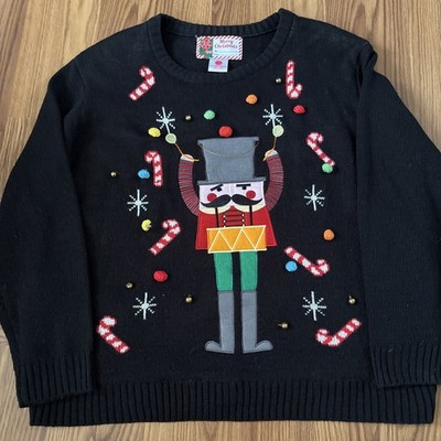 Ugly Christmas Sweater Black Nutcracker Jingle Bells Pompom Candy Cane Size L XL