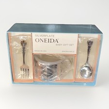 IOB ONEIDA 3 piece Silverplate BABY GIFT SET SIPPY CUP SPOON FORK Engraved 1994