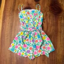  Vintage 70s Gabar Womens Romper Floral Cotton Retro Bright Lilly Playsuit I3-18