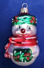 GLASS SNOWMAN HOLDING CHRISTMAS PRESENT ORNAMENT