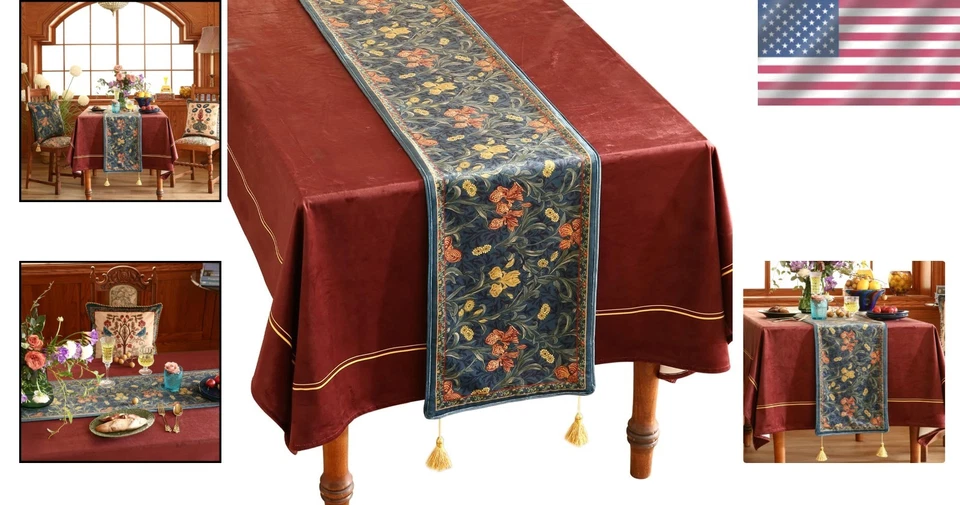 Exquisite Dark Blue Floral Velvet Table Runner 102" Long - Home Decor Must-Have - Image 2 of 4