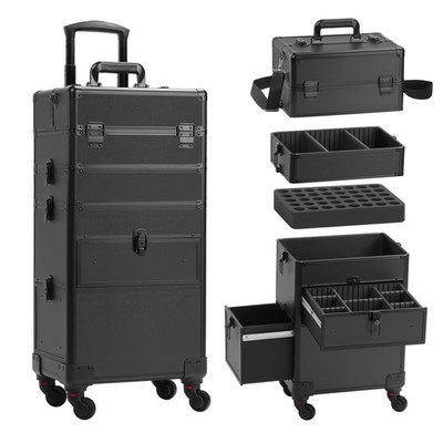 4 in 1 Rolling Makeup Case on Wheels with Drawer and Professional Cosmetic Or...