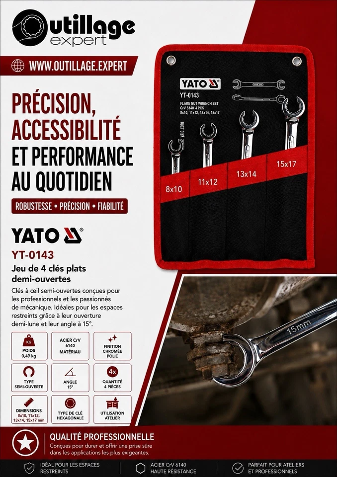 YATO YT-0143 Jeu de 4 clés plats demi-ouverts - Photo 2/2