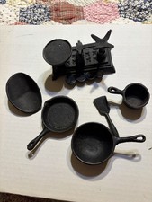 Vintage Cast Iron Miniature Cook Scale w/ Pots, Pans A Shovel. All Cast Iron