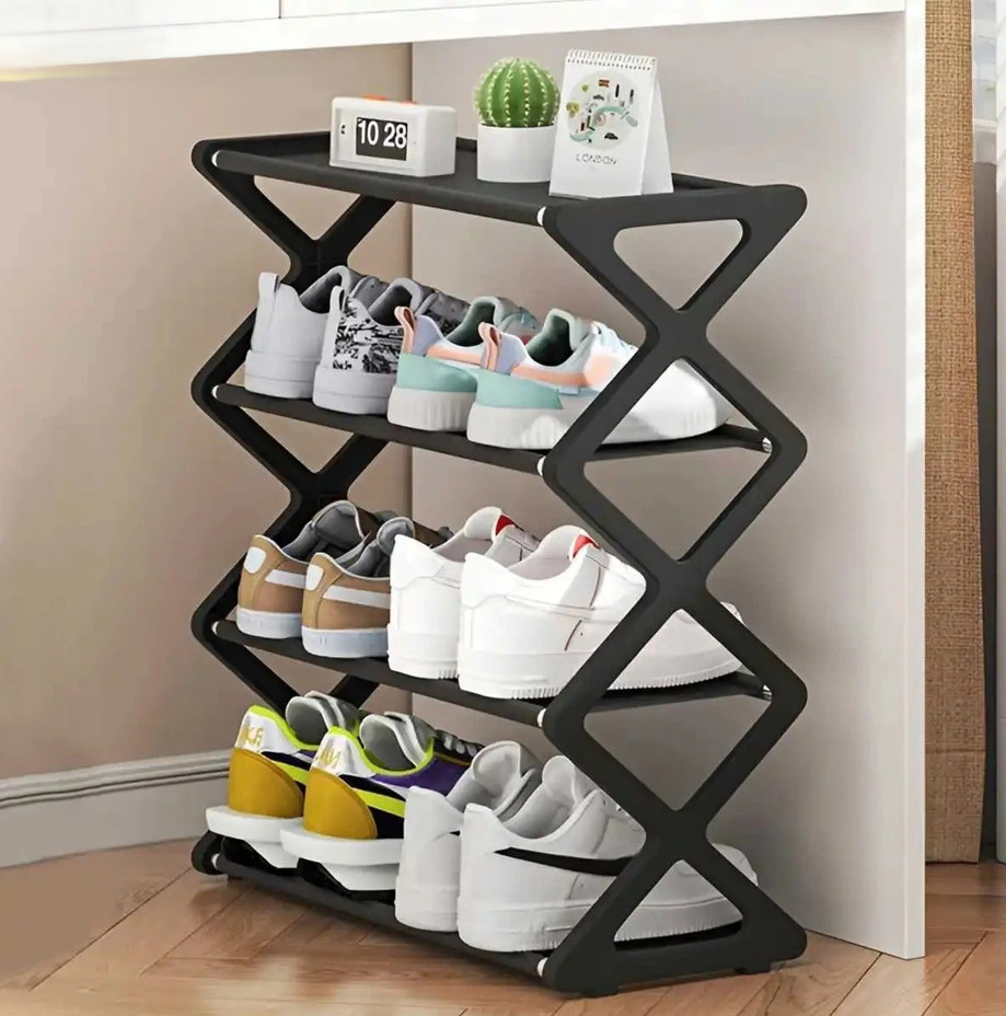 4 Tier Black Shoe Rack X Shape Space Saving Dustproof Organizer