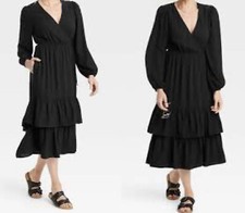 New Knox  Rose black Women Tiered ruffle Midi boho Dress Size Small