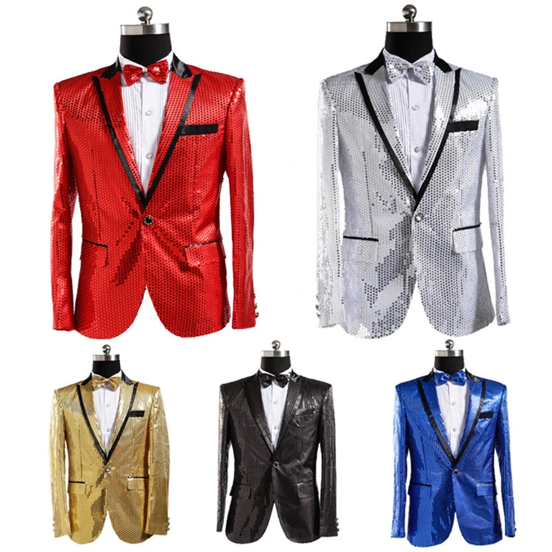 Hombres Chaqueta Brillante Showman Traje Blazer Vestido Elegante Carnaval Escenario Lentejuelas Abrigo Elegante Foto 2 de 4