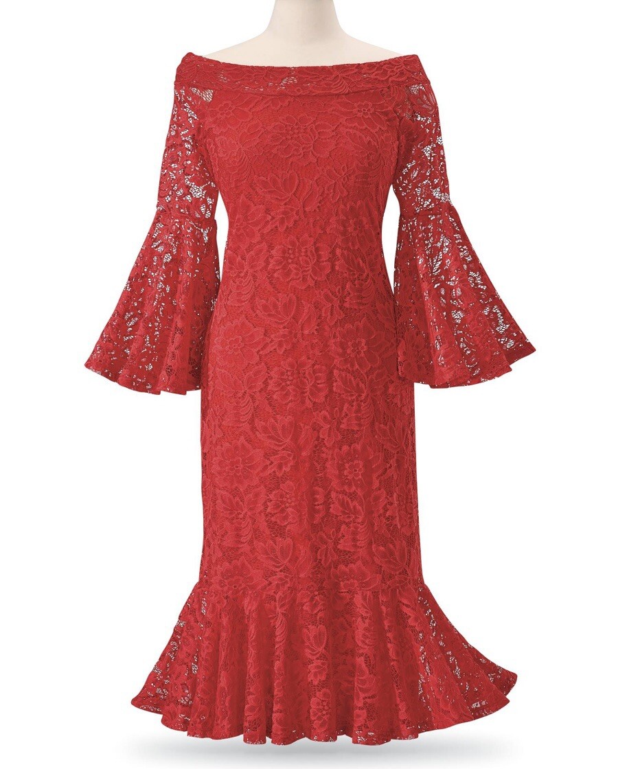 fitted lace wedding dress Teagan Gown in Red Fitted Satin & Lace Dress main image 0