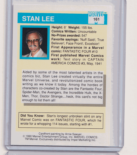 Tarjeta coleccionable de novato Stan Lee Mr. Marvel 1990 Marvel Universe Series 1 Impel #161 - Imagen 2 de 2