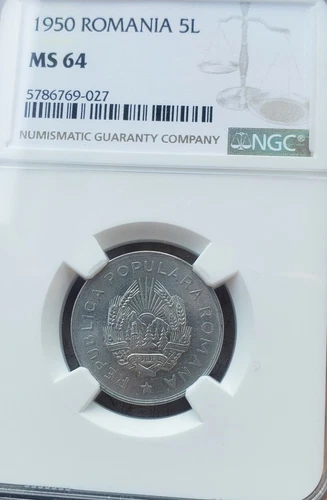 1950 Romania 5 Lei NGC MS 64