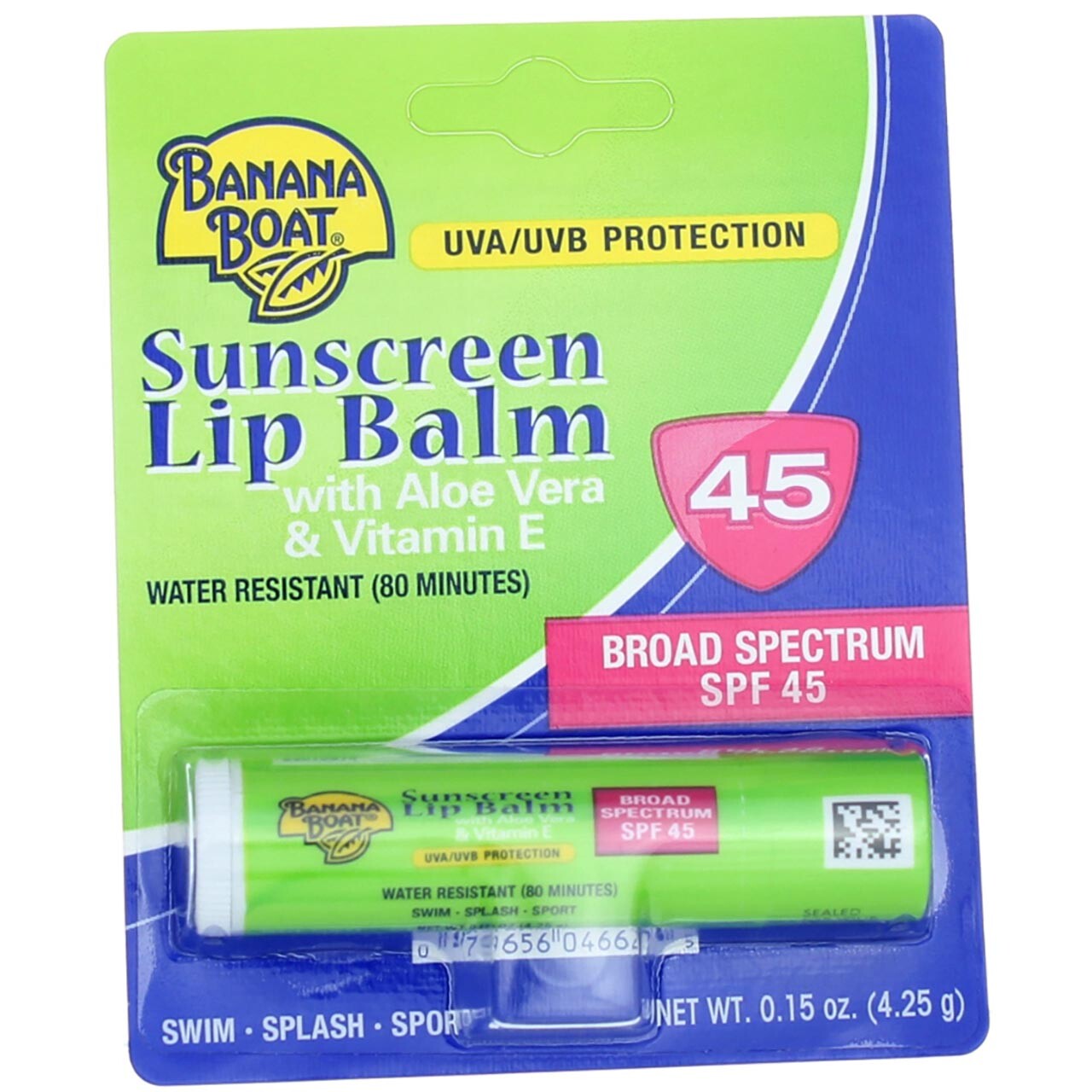 Banana Boat Sunscreen Lip Balm, Aloe Vera & Vitamin E, SPF 45, 0.15 oz