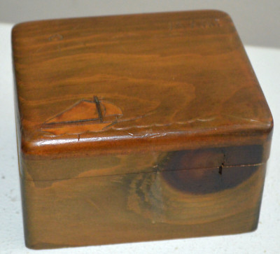 MAINE WOOD BOX HINGED Carved SAILBOAT SUN Small 4x4.5x3 Lined MAINE STATE PRISON
