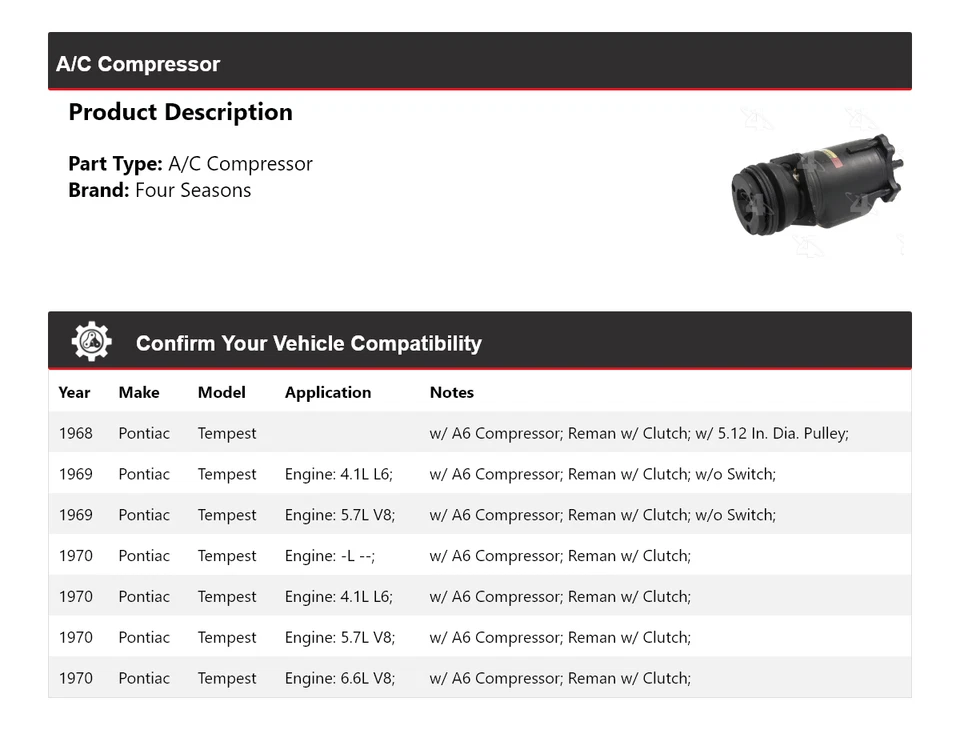 Compresor de aire acondicionado Pontiac Tempest 1968-1970 4 estaciones 1969 Foto 2 de 4