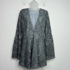 Tobi Dress Womens M Grey Lace Bell Sleeve Fit Flare Plunge Romantic Sexy Goth