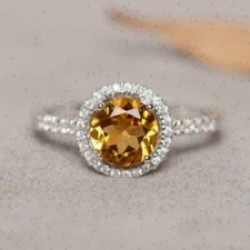 2Ct Round Cut Yellow Citrine Diamond Halo Engagement Ring 14k White Gold Finish