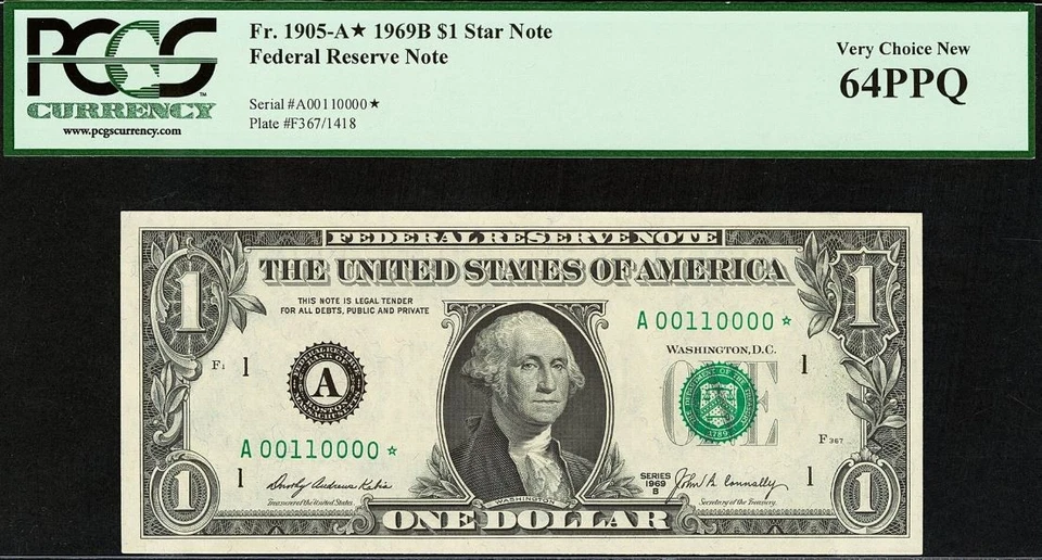 1969B & 1995 $1 FRN PCGS 65PPQ - Matching Binary Serial Number Star 00110000* - Image 2 of 4