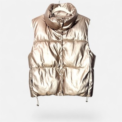 Softy Metallic Champagne Gold Puffer Vest Small Cropped Techwear Cyber Y2K