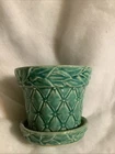Green McCoy Quilted Diamond 3.25” Tall  Flower Pot With Attached Saucer 1940's