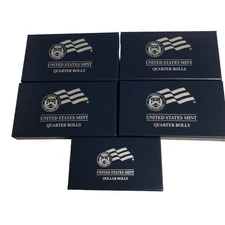 Lot Of (5) United States Mint Blue Collectors Boxes. (4) 5 Rows Coins. (1) 4 Row