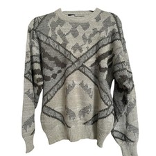 Vintage 80s/90s Expressions International Geometric Knit Sweater Gray Black L