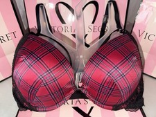 Victorias Secret Bra Very Sexy Push 36D Satin Red Plaid